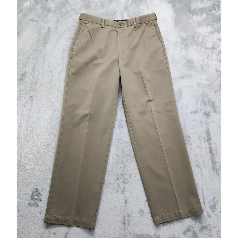 Haggar Pants Mens 36 X 32 Brown Flat Front Straight Fit No Iron‎ Cotton Khakis